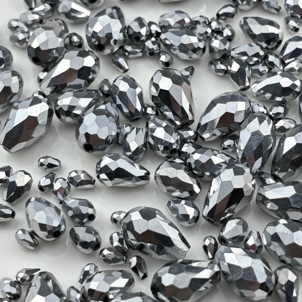 Xinhongo 340pcs Teardrop Crystal Glass Beads 3x5mm 4x6mm 6x8mm 8x12mm 10x15mm Vertical Hole Faceted Glass Spacer Beads for Necklace Bracelet Earrings DIY Jewelry Crafts(Silver)