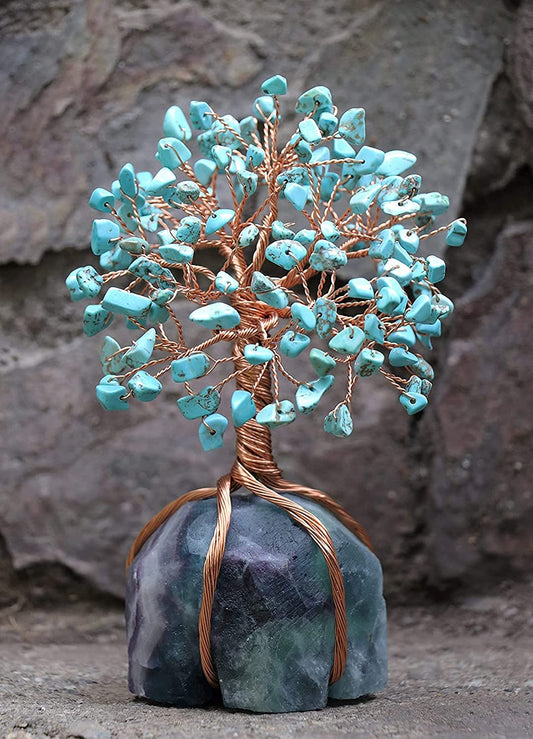 Crocon Howlite Green Turquoise Gemstone Money Tree with Fluorite Rough Wire Wrapped Base | Feng Shui Bonsai | Ornament Figurine | Chakra Balancing | Reiki Crystal Healing | Spiritual | Decor Size 5-6"