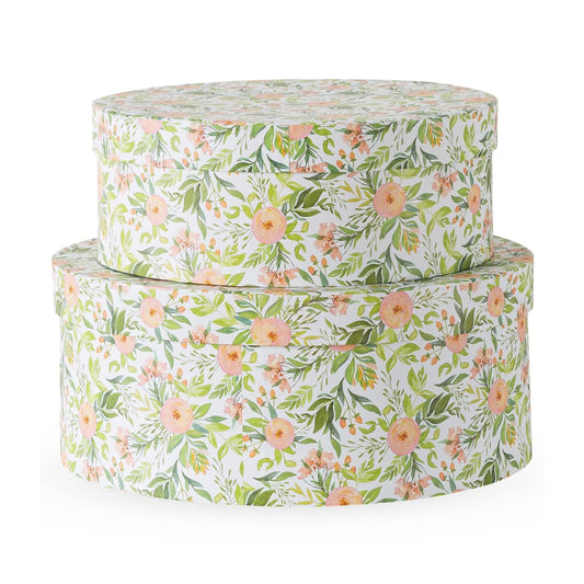 Soul & Lane Wild Flowers Oval Storage Boxes for Home Décor - Set of 2: Floral Gift Boxes with Lids for Presents, Decorative Photo Storage Cartons, Stackable Paperboard Containers for Organizing