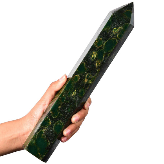 AMOYSTONE Extra Large Crystal Obelisk Emerald Green Quartz Tower Healing Crystal Wand Point 6 Faceted Reiki Meditation Stone 2.2-2.6 LBS
