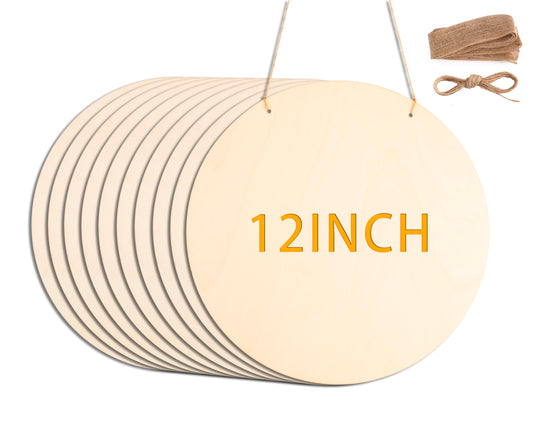 10Pcs 12 Inch Wood Circles for Crafts, Unfinished Wood Blank Wooden Door Hanger Sign, DIY Wood Rounds for Cricut Projects, Wood Burning, Painting, Valentines Day Decor DIY Crafts