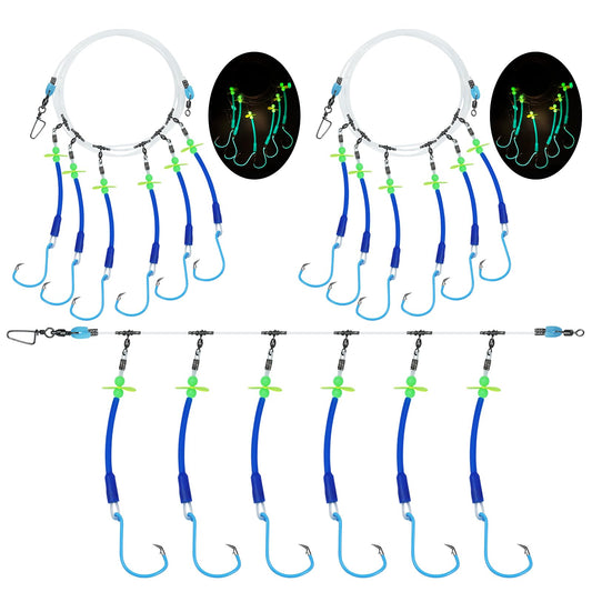 MAFIMOEA Pre-Rigged Deep Drop Saltwater Rigs – Glow Tubes, Hooks, Beads & Spinner Blade – 6/0 8/0 Circle Hooks for Snapper/Grouper/Tilefish (3/6 Hooks)