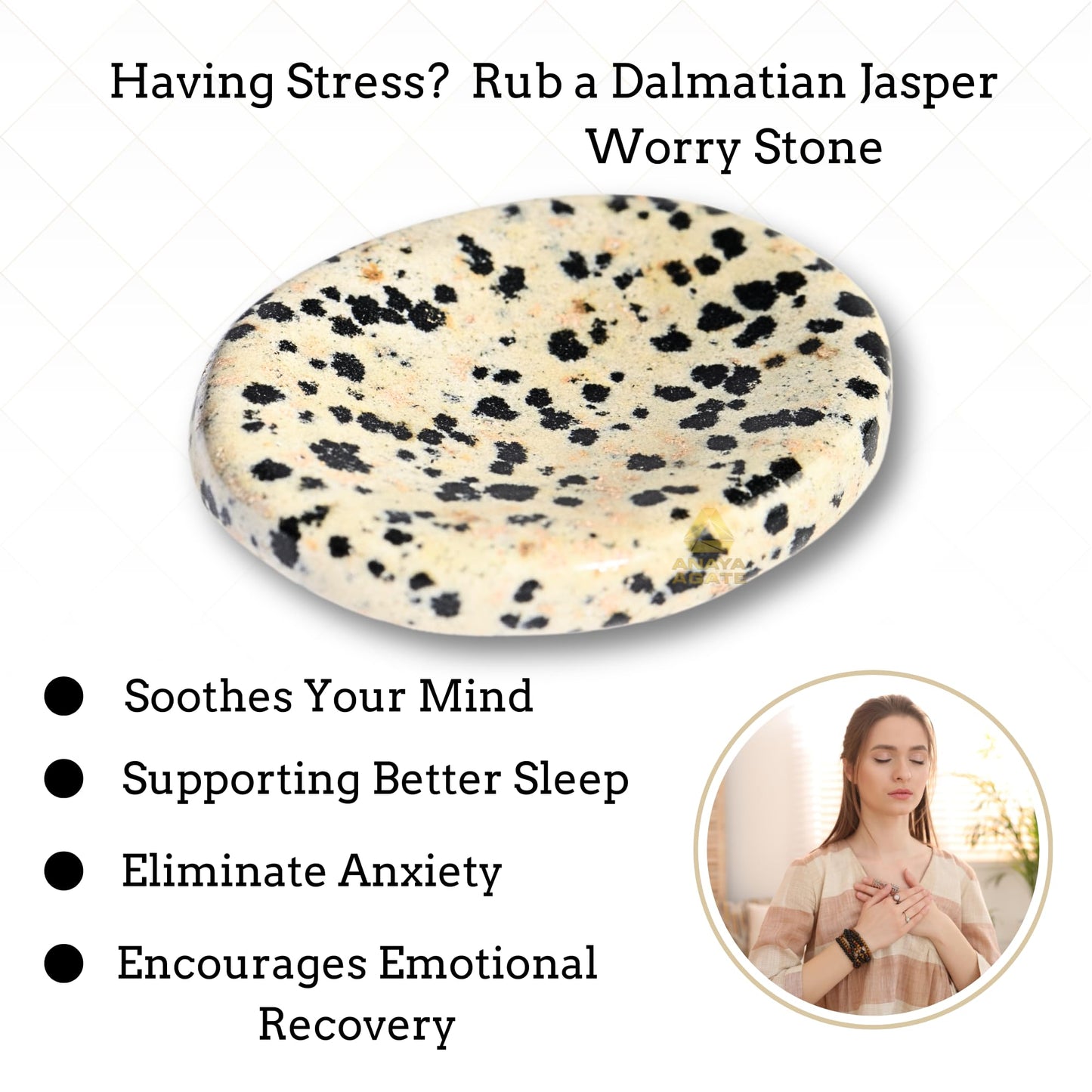 Anaya Agate Dalmatian Jasper Worry Stones Certified Crystal Thumb Worry Stone for Anguish, Relaxing and Soothing Balance Stones for Meditation, Stress Relief Crystals and Healing Stones for Men, Women