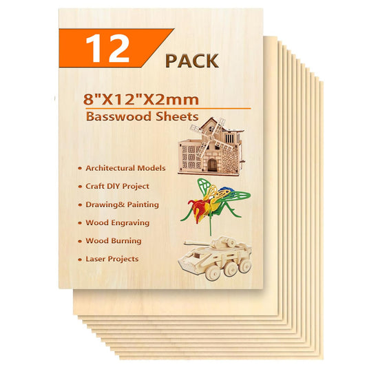 12 Pack Basswood Sheets for Crafts- Thin Plywood Sheets - Balsa Wood Sheets -Unfinished Wood Boards for Painting,Laser Cutting,Engraving,Burning and CNC Cutting