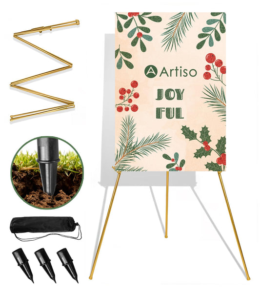 Artisorama Display Easel Stand for Sign, Lightweight Tripod with Bag, Portable Adjustable Artist Easels for Outdoor Painting Canvas/Posters/Wedding, 1PC Gold