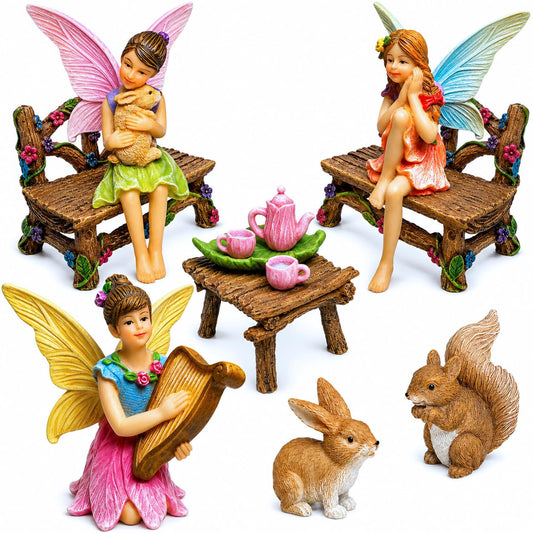 Mood Lab Fairy Garden Figurines - Miniature Decor Set (12 pcs) - Statues & Accessories - Outdoor & Indoor Garden Decor