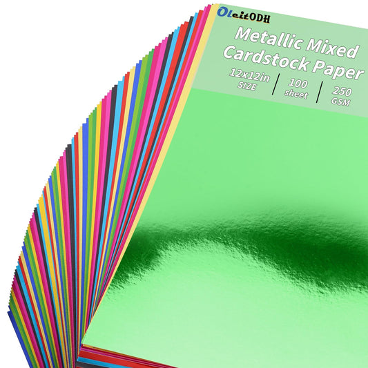 100 Sheets Metallic Mixed Cardstock Paper Bulk, Foil Paper Board 12" x 12", Mirror Finish Surface, Assorted Mixed Glitter Paper 250gsm for Crafting Card Making Invitations Decorations