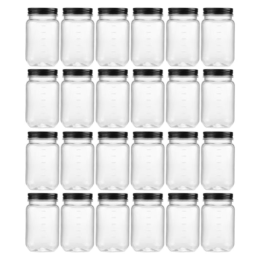 novelinks 16 oz Clear Plastic Jars with Lids, Refillable 16oz Mason Jars with Lids & Storage Containers for Kitchen & Household Use (24 Pack,Black)