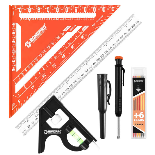 RONGPRO Aluminum Alloy 12in Carpenter Square and 12in Zinc-Alloy Combination Square Set, CNC-Machined with Woodworking Pencil, Carpenter Measuring Layout Tool for Woodworking and Home DIY.