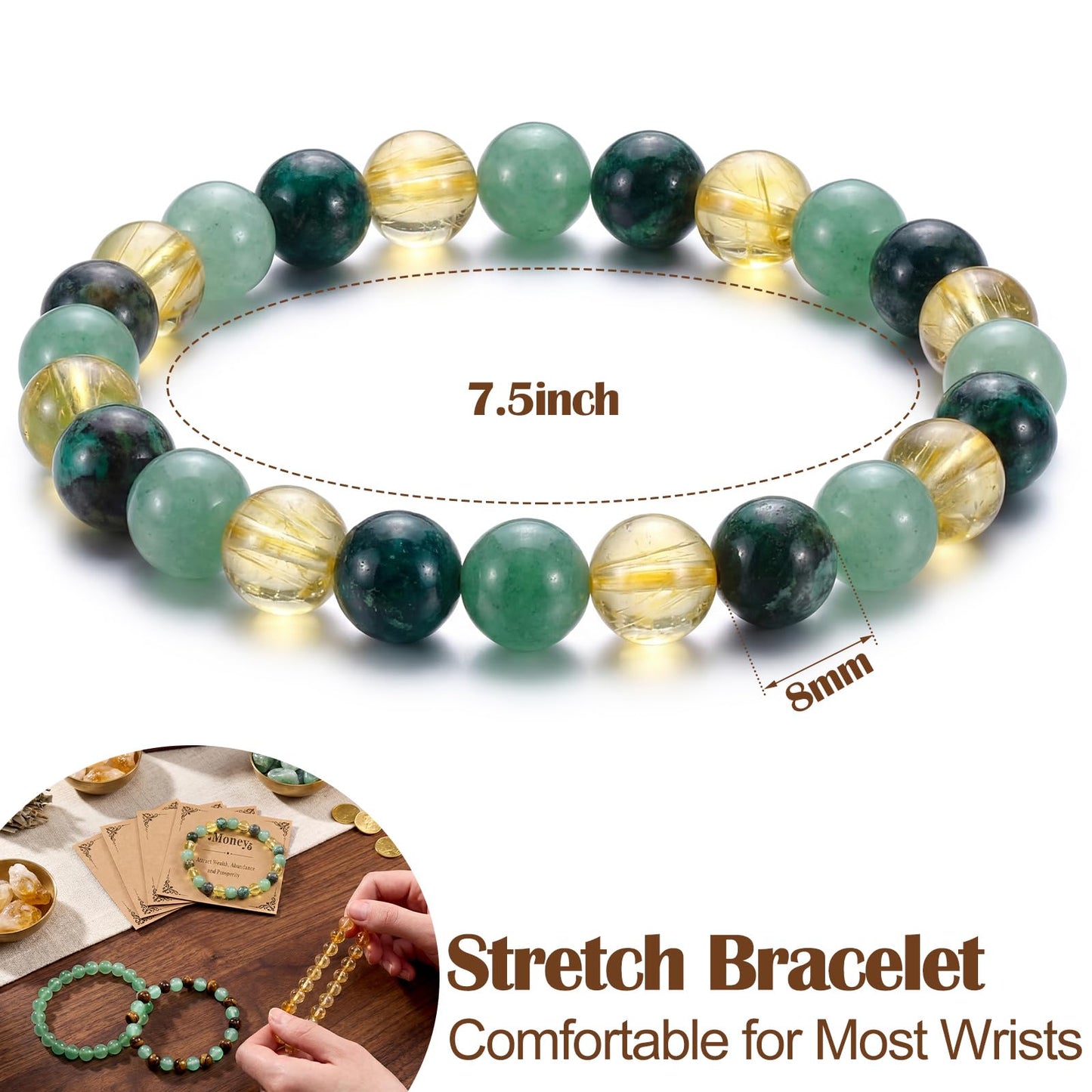 Kingdder 4 Set Wealth Money Bracelets Cards Set for Women Men Natural Healing Crystal Wealth Attraction Feng Shui Good Luck Bracelet for Spiritual Friend Birthday Holiday Jewelry Gifts