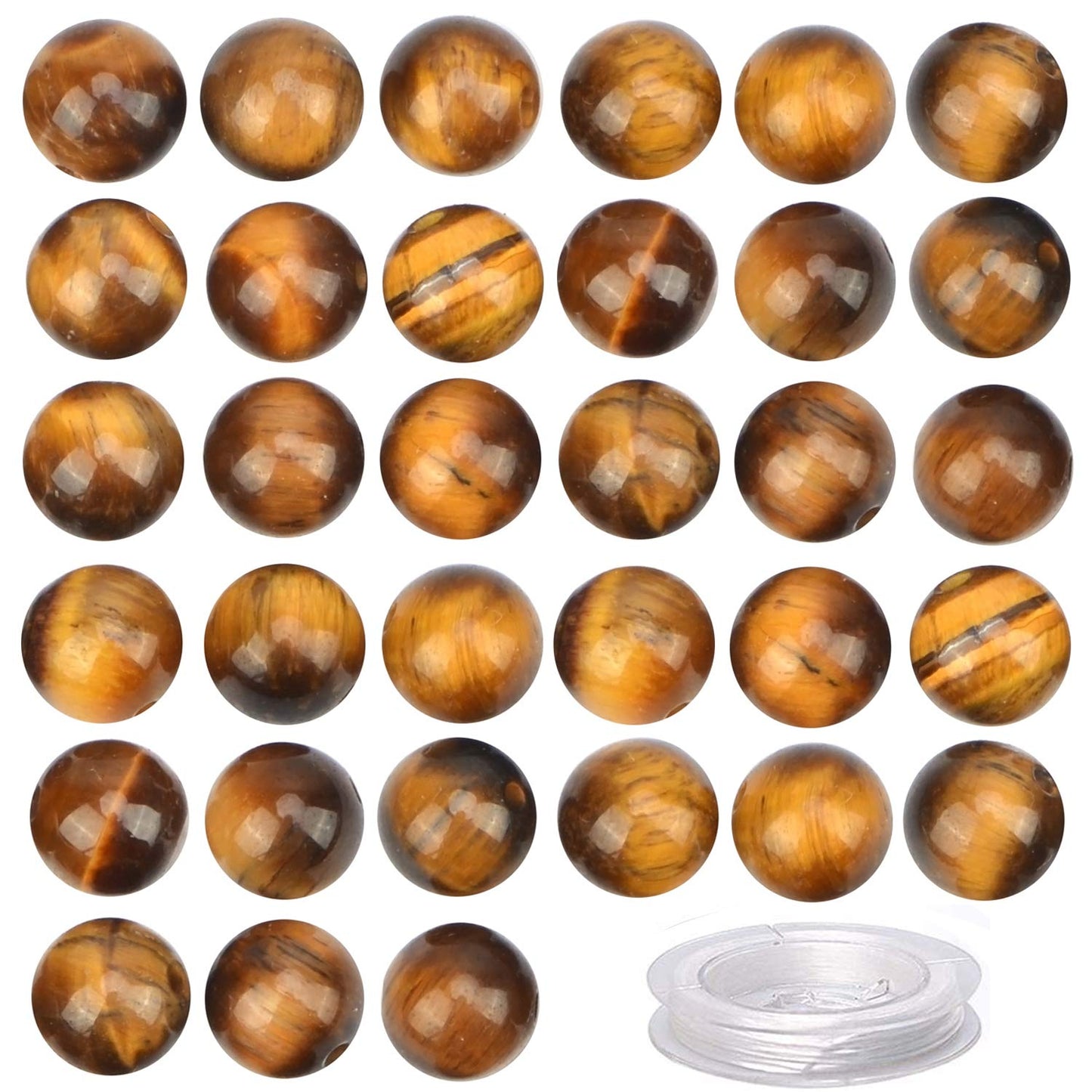 80Pcs Natural Crystal Beads Stone Gemstone Round Loose Energy Healing Beads with Free Crystal Stretch Cord for Jewelry Making (Yellow Tiger Eye, 10mm)
