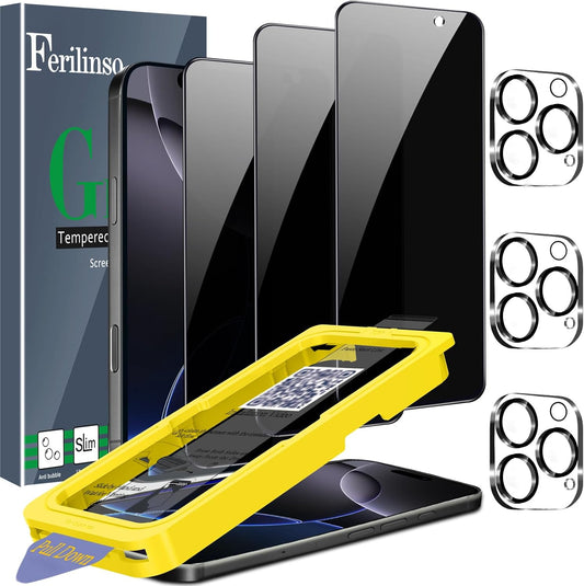 3 Pack 16 9H+ Ferilinso [Auto Dust Install] Privacy Screen Protector for iPhone Pro with Private Accessories-Camera
