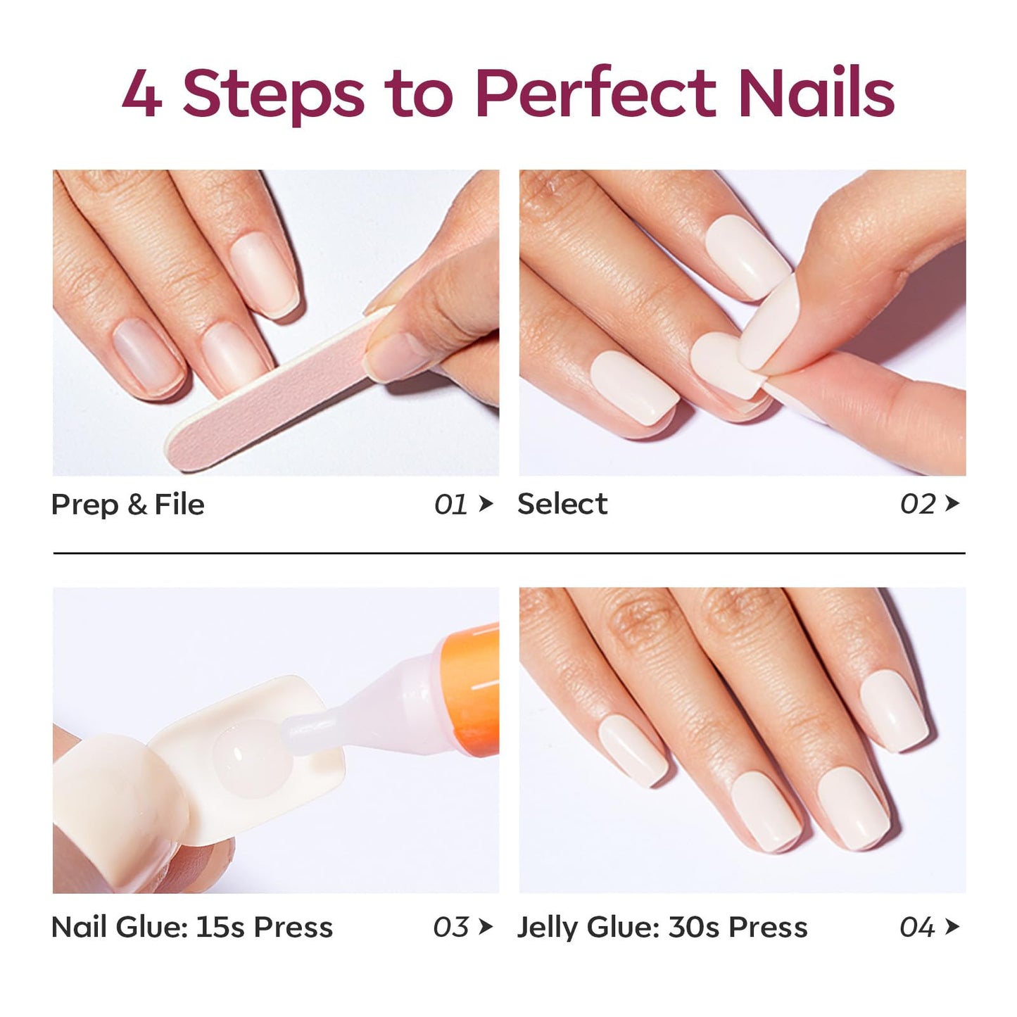 Modelones Extra Short Press on Nails, Burgundy Squoval Fake Nails, Reusable Nail Kit with Nail Glue Adhesive Tabs Mini Nail File, Nails Press Ons 32Pcs 16 Sizes, Spring Women Girl Gift