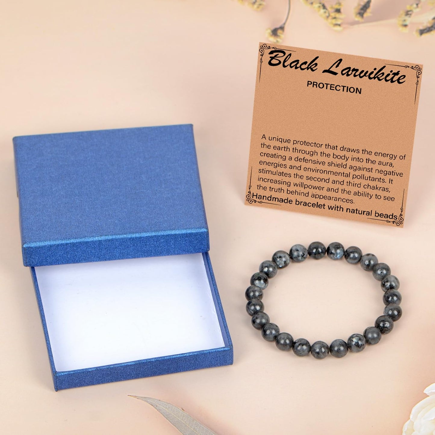 LPBeads Handmade Natural Gemstone Stretch Elastic 8mm Black Larvikite Bracelet Healing Crystal Round Stone Beads Jewelry Gifts for Women Men