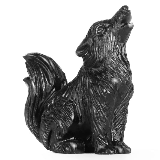 LEADGEM 2.0" Black Obsidian Big Tail Wolf Figurine Healing Crystal Stone Statue Carved Sculpture Paperweight Ornaments Fengshui Home Office Decor Gifts