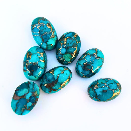 Blue Copper Turquoise Oval Cabochon Lot – Mohave Turquoise Flat Back Gemstone for Jewelry Making – Loose Stones in 5x7mm to 15x20mm – Smooth Polished Cab - 5 Piece Set (10x14mm)