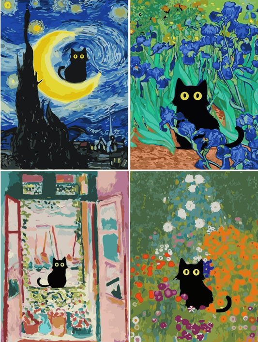 ARPADAMO Paint by Number Kits for Adults Beginners, Press Digital Easy Acrylic Black Cat 4 Pieces Paint, DIY Watercolor Paint Press Digital Kit on Canvas Home Wall Decoration Without Frame 12×16 inch