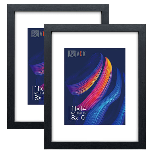 VCK 11x14 Picture Frame Set of 2 - Black, Textured Exclusive Wooden Frames with HD Glass, Display Photo 8x10 with Mat or 11x14 Without Mat