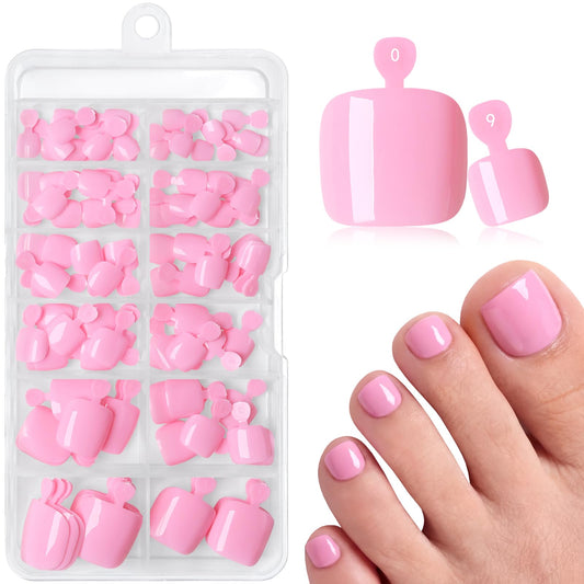 120pcs Pink Press on Toenails for Women,Short Square Fake Toe Nails,12 Sizes False Toenails with Nail Glue and Adhesive Tabs