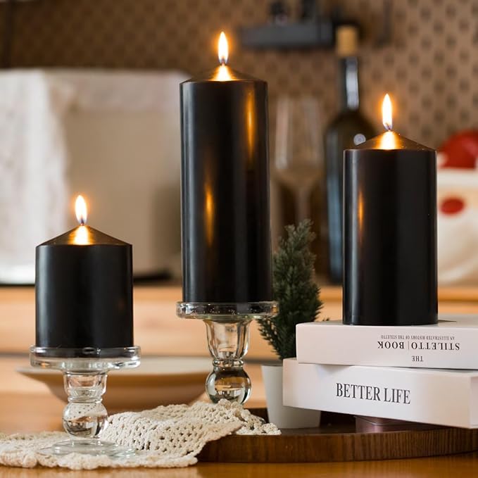 MOZEAL 3" x 6" Hand-Poured Unscented Black Pillar Candles,Dripless Candles Set of 3,Long Lasting Burning,Approx 100 Hours Burn Time for Wedding,Dinner,Halloween and Home Decor