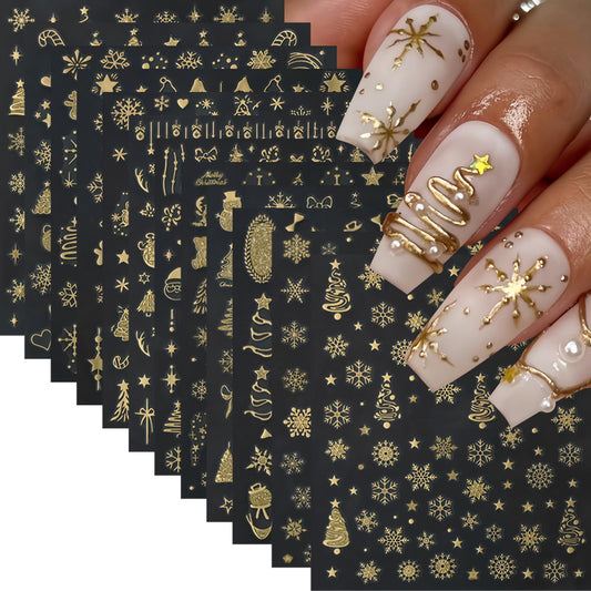 12 Pcs Christmas Nail Stickers Gold Glitter Snowflake Nail Decals Metallic Santa Claus Gingerbread Man Xmas Tree Nail Supplies Christmas Snowmen Nails Supplies for Women Winter Holiday DIY Manicure