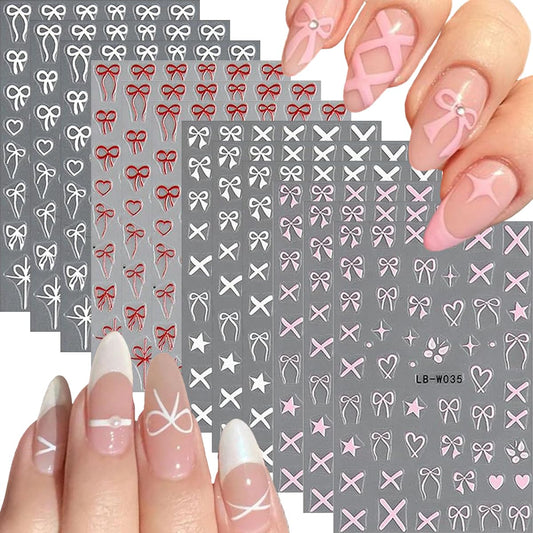 12 Sheets Bow Nail Stickers for Nail Art White Red Pink Bow Nail Decals 3D Self Adhesive Heart Nail Art Stickers Bow Nails Art Supplies for Women Girls