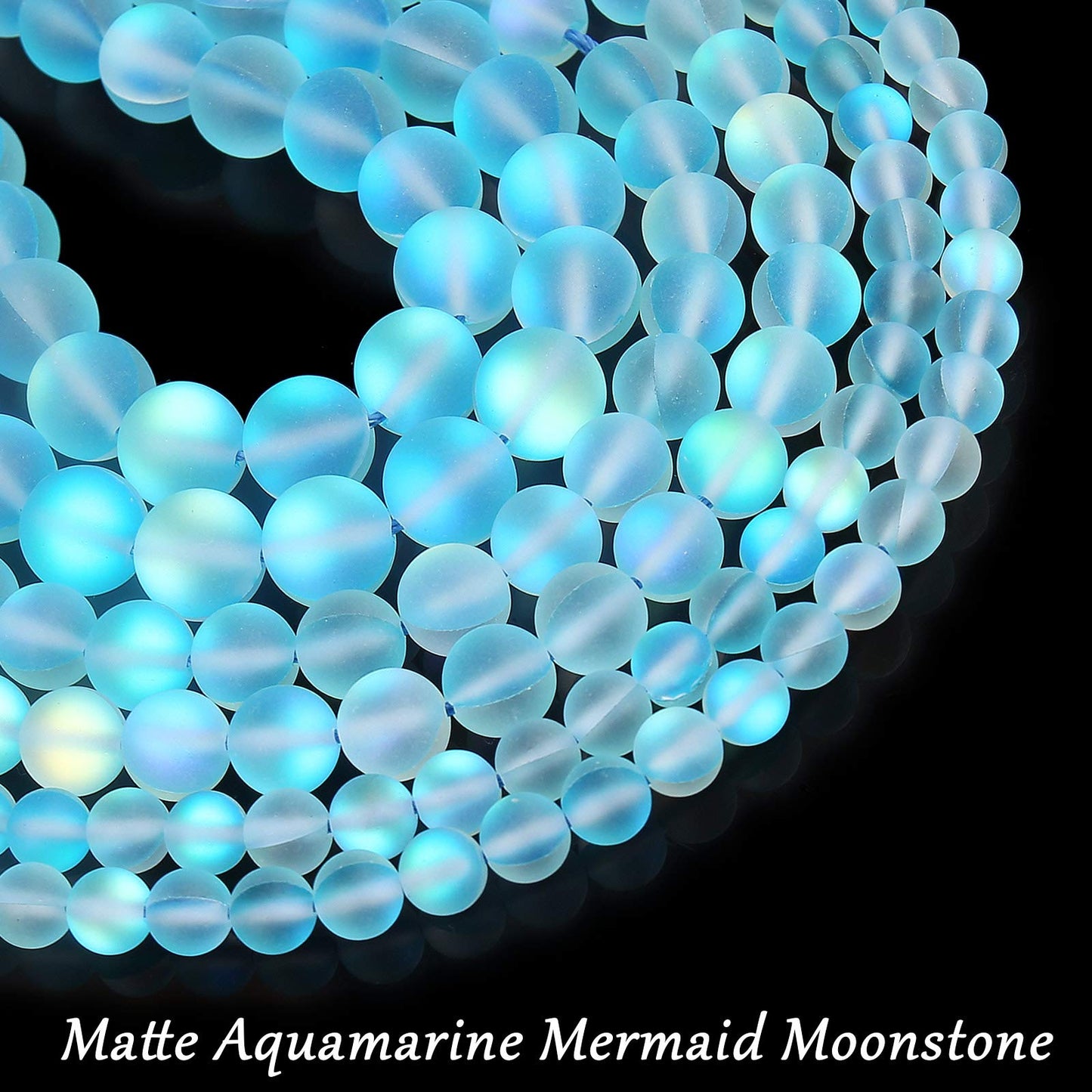 Matte Aquamarine Aurora Crystal Glass Beads, 10MM Frosted Glitter Shining Mermaid Round Loose Beads, Rainbow Holographic Synthetic Moonstone for Jewelry Making DIY Bracelet