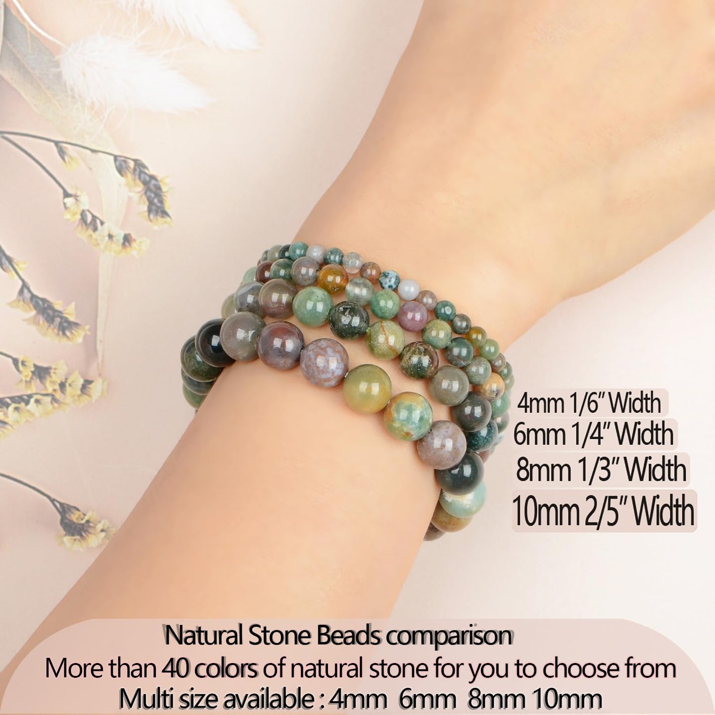 LPBeads Handmade Natural Gemstone Stretch Elastic 10mm Indian Agate Bracelet Healing Crystal Round Stone Beads Jewelry Gifts for Women Men