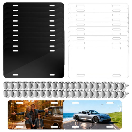 20 Pack Sublimation License Plate Blanks, 10 Black & 10 White, Metal Aluminum DIY Custom License Plates with Screw Sets 0.6mm Sublimation Blank License Plate for Automotive and Home Decoration