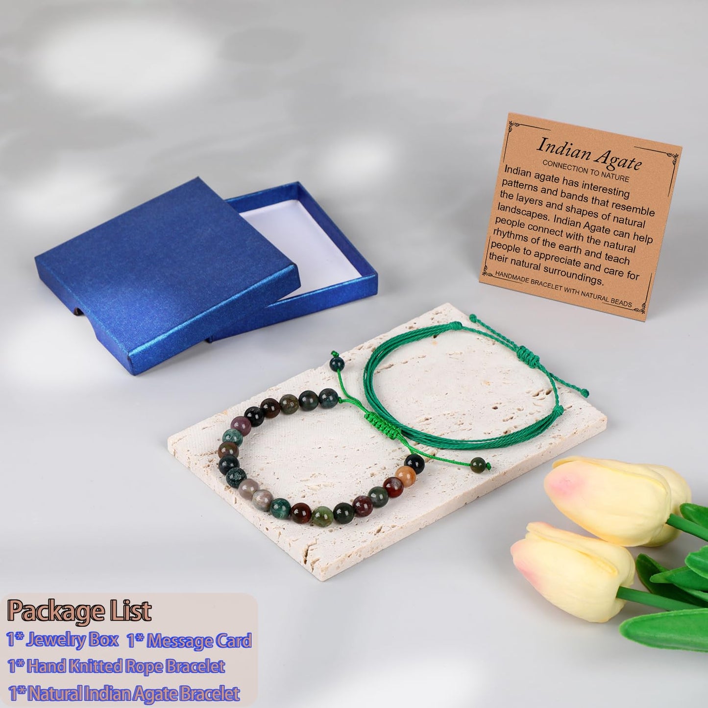 LPBeads 8mm Indian Agate Bracelet with Handmade Rope Bracelet Size Adjustable Natural Stone Crystal Healing Bracelets Gifts for Unisex Adults