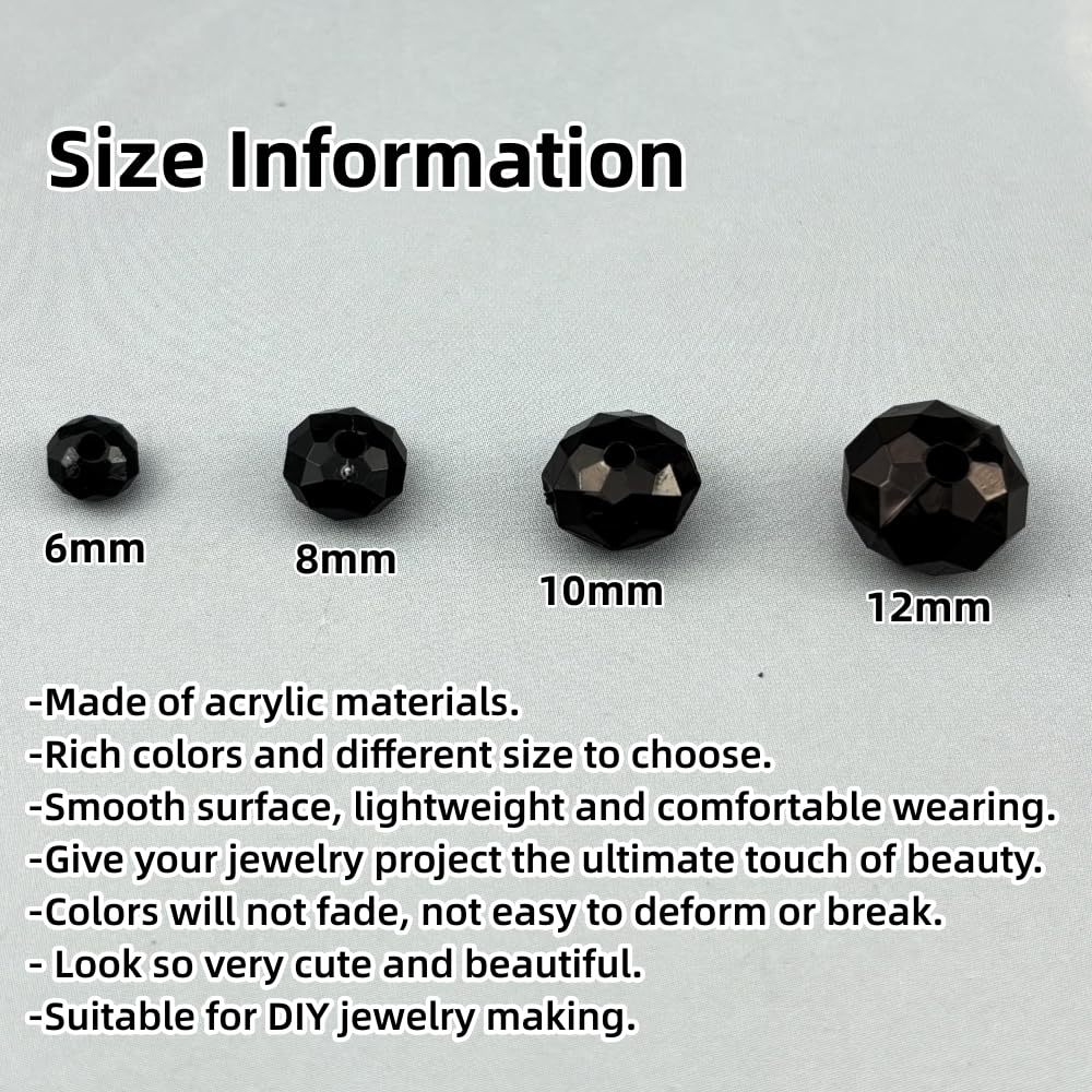 YHYPOCI 200pcs 10mm Acrylic Crystal Beads, Faceted Rondelle Acrylic Spacer Beads for Wind Chimes Bracelet Necklace Earring Keychain Jewelry Making DIY Crafts(Black)