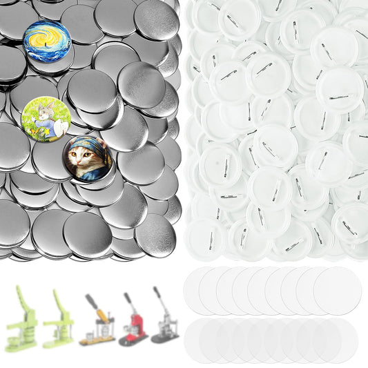 KUNTAERY 200 Sets 2.25 Inch Button Maker Supplies, 58mm Round Badge Parts with Metal Covers, Plastic Pin Backs, Clear Film & Blank Paper, Perfect for Button Maker Machine & Badge Press