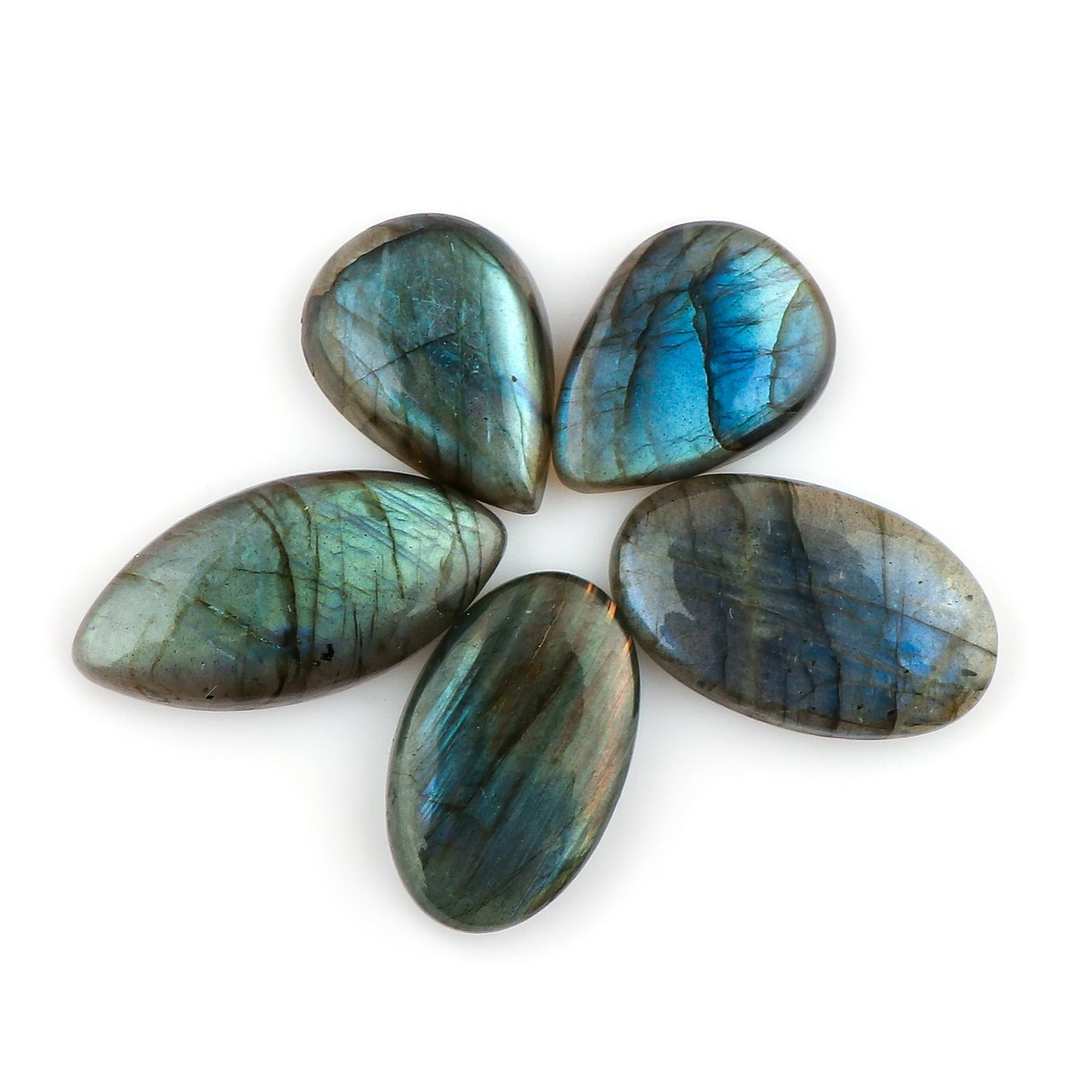 CRYSTALINES 5pcs Natural Multi Color Labradorite Gemstone Cabochons, Bulk Spectrolite Polished Stones, DIY Jewelry Making, Healing Crystals, Wholesale Loose Supply, Wire Wrapping, Gem Collection