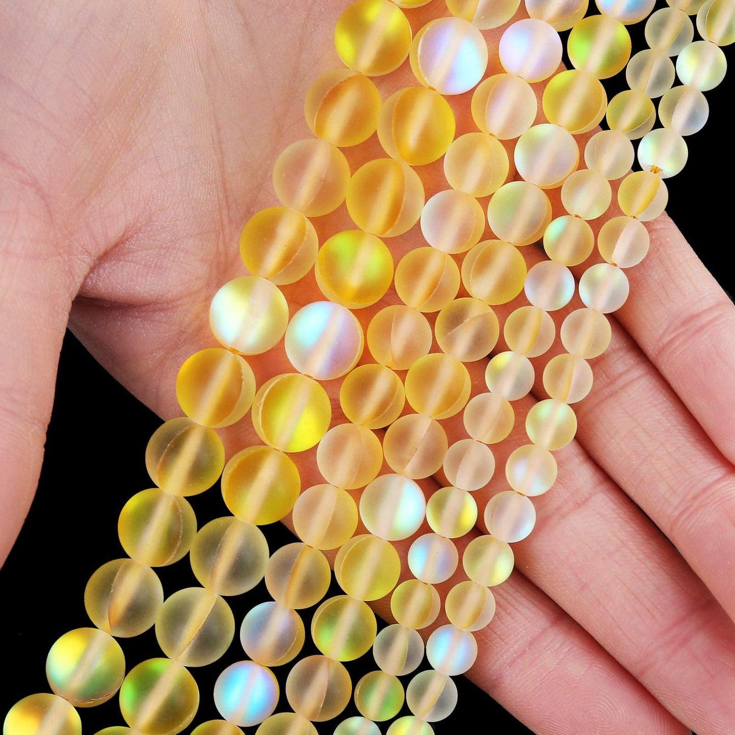 Matte Yellow Aurora Crystal Glass Beads, 8MM Frosted Glitter Shining Mermaid Round Loose Beads, Rainbow Holographic Synthetic Moonstone for Jewelry Making DIY Bracelet