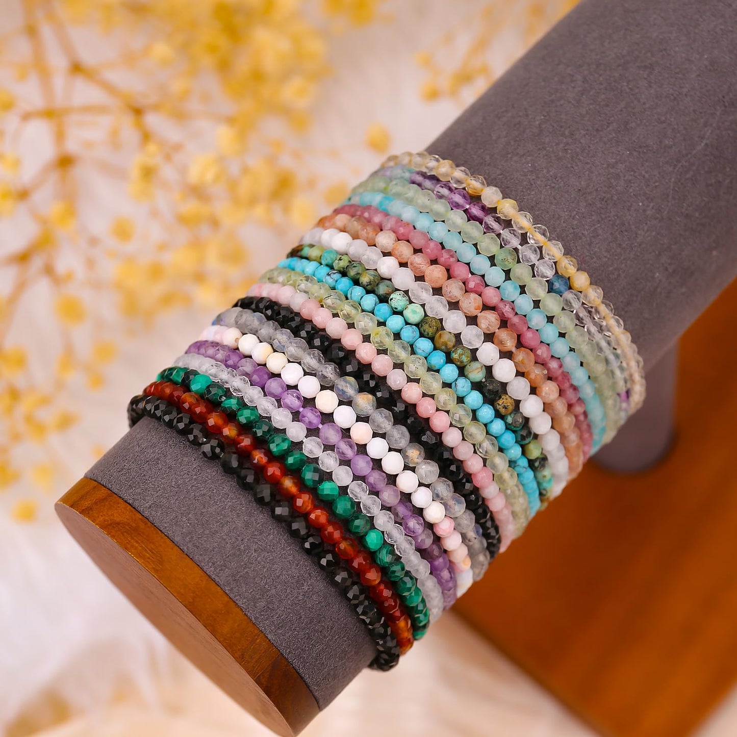 BONNY BOXX Natural Genuine Gemstone Faceted Round Beads Bracelets, 3mm Adjustable Stretchy Tiny Faceted Sunstone Bracelet, Healing Crystal Reiki Chakra Dainty Jewelry Fashion Gifts