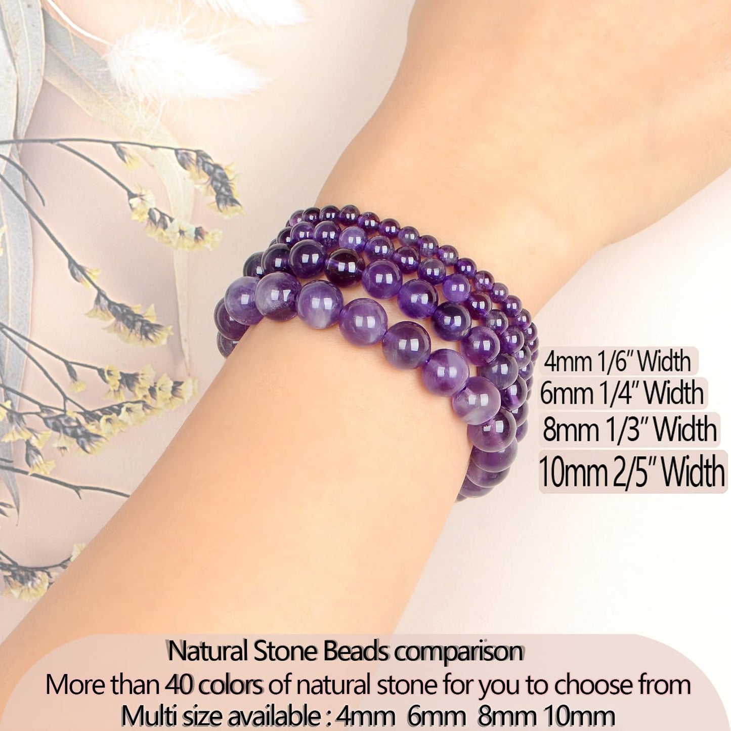 LPBeads Handmade Natural Gemstone Stretch Elastic 10mm Amethyst Bracelet Healing Crystal Round Stone Beads Jewelry Gifts for Women Men
