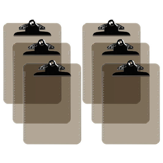 Pack of 6 Plastic Clipboards with Spring Clip, Durable Writing Boards for Work, Class, and Nursing Use, 9" x 12.5", Smoke