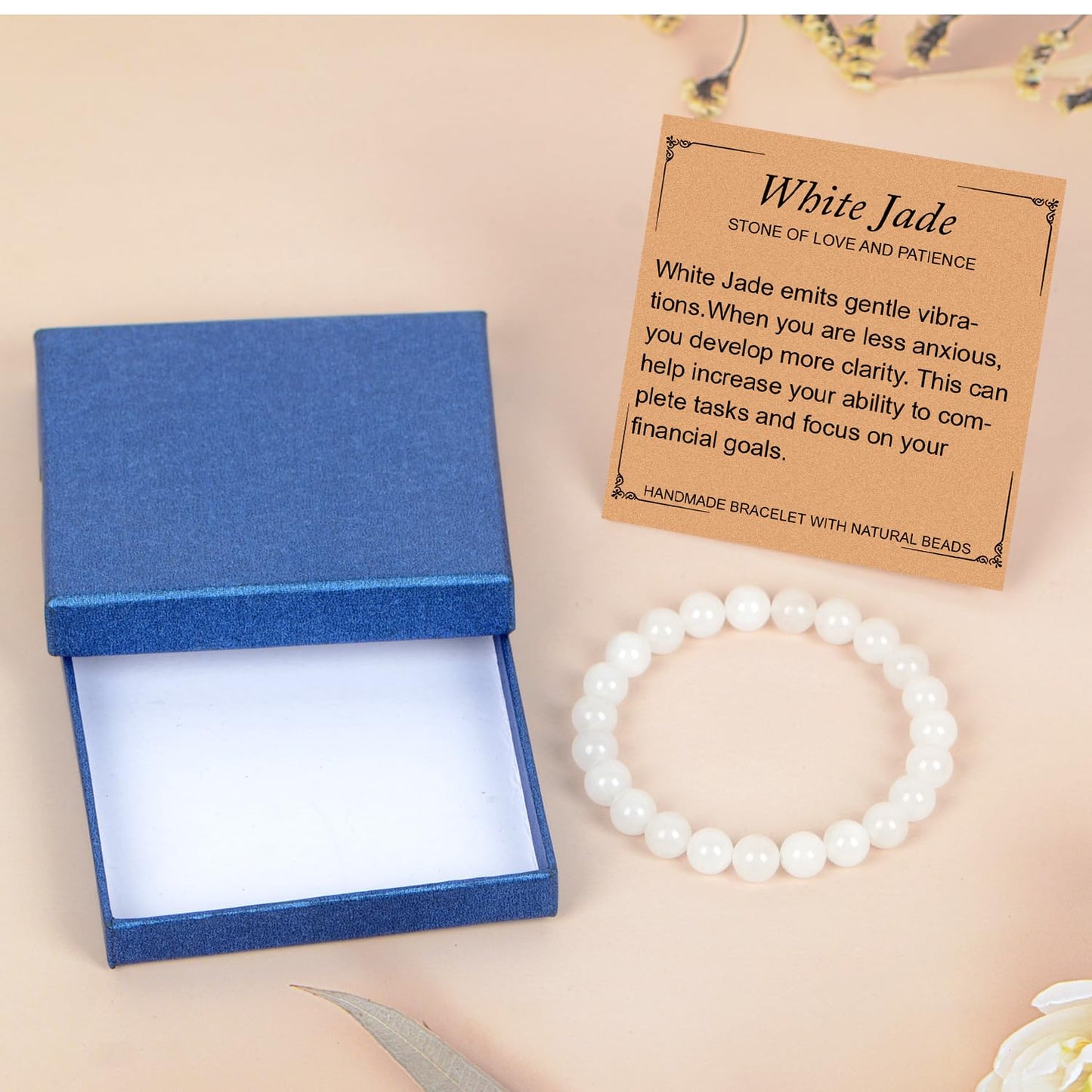 LPBeads Handmade Natural Gemstone Stretch Elastic 8m White Jade Bracelet Healing Crystal Round Stone Beads Jewelry Gifts for Women Men