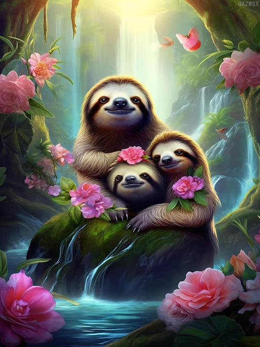 DIY 5D Diamond Painting Sloth by Number Kits for Adults, Sloths and Flowers Diamond Painting Kits Round Full Drill Diamond Art Kits Picture Arts Craft for Office and Home Wall Decor 12x16 inch