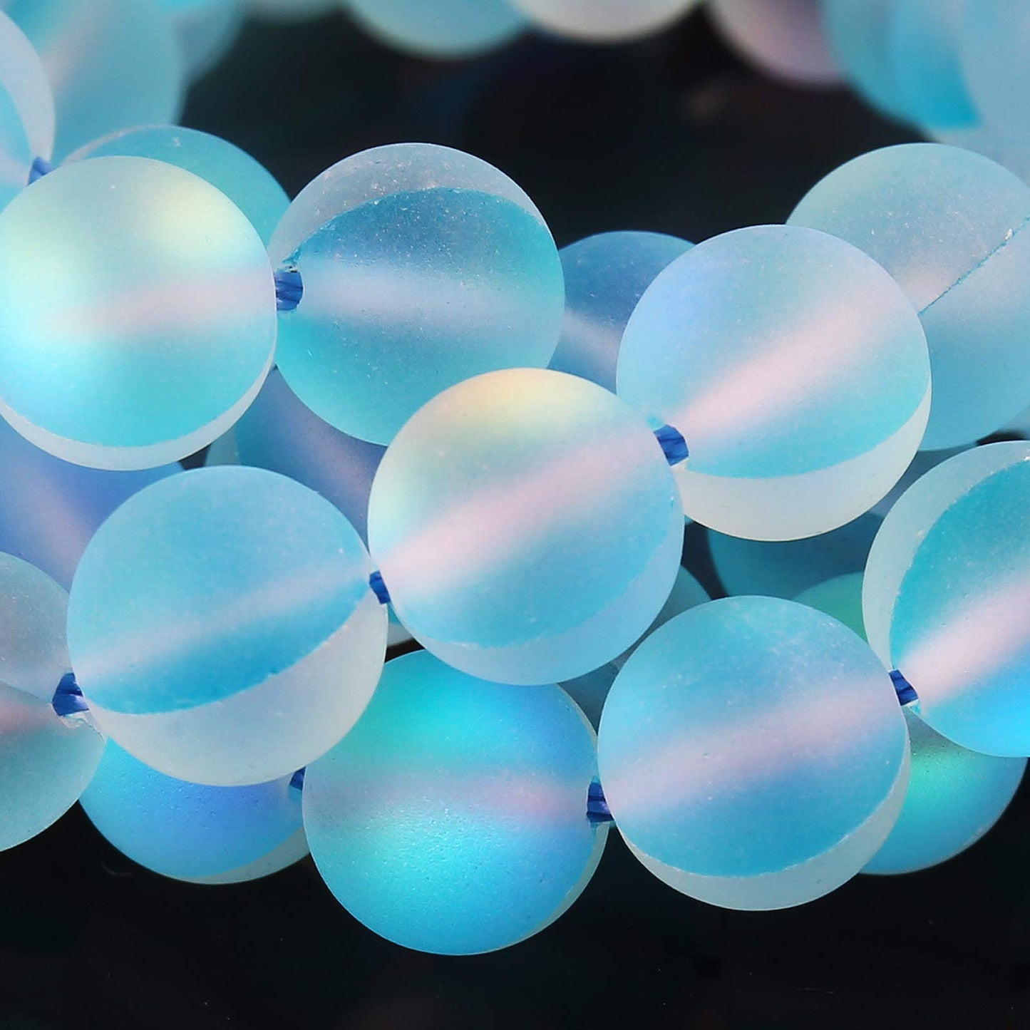 Matte Aquamarine Aurora Crystal Glass Beads, 8MM Frosted Glitter Shining Mermaid Round Loose Beads, Rainbow Holographic Synthetic Moonstone for Jewelry Making DIY Bracelet