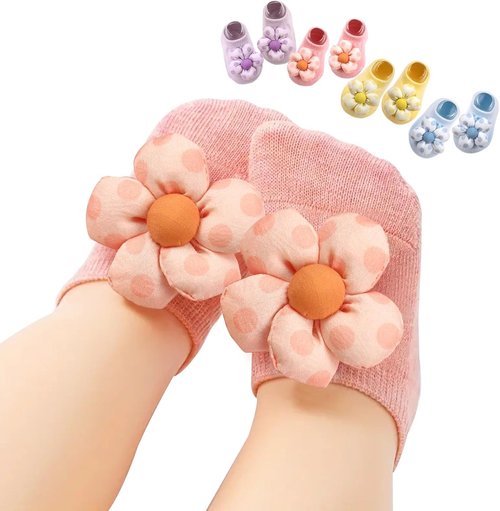 KEAINVRN Baby Girls' Socks - 4-Pack Flower Non-Slip Ankle Socks for Toddlers | Comfortable & Cute