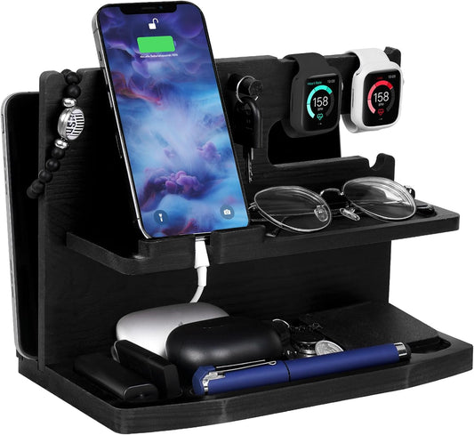 AliveByte Gifts for Men Desk or Nightstand Organizer - Wood Phone Docking Station - Birthday Gifts for Husband, Fathers