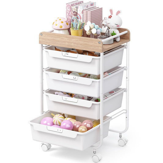 SYKIARIOL Rolling Storage Utility Cart with 4 Drawers,Kids Craft Art Cart,Makeup Organizer and Storage with Wooden Tabletop,White