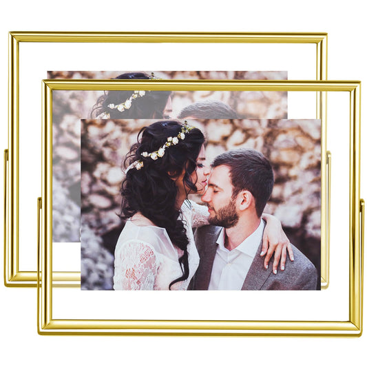 CROXXID 5x7 Floating Picture Frames Set of 2, Made of Metal and Double Real Glass, for Photo Size up to 7x9, Tabletop Display Home or Wedding Decoration (Horizontal Gold)