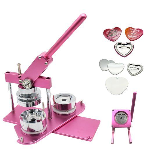 ChiButtons (KIT) Heart 53x57.5mm Pro Badge Machine Button Maker-B400 + Mould + 100 Parts + Stand Cutter Metric System (Pink)
