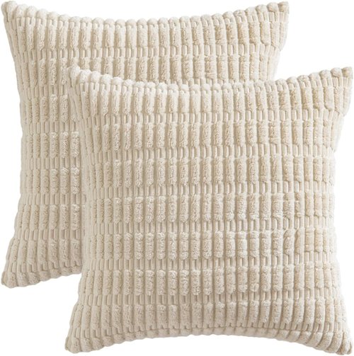 MIULEE Corduroy Throw Pillow Covers - Soft Boho Striped Design, 12x12 Inch | Modern Farmhouse Decor in Cream White