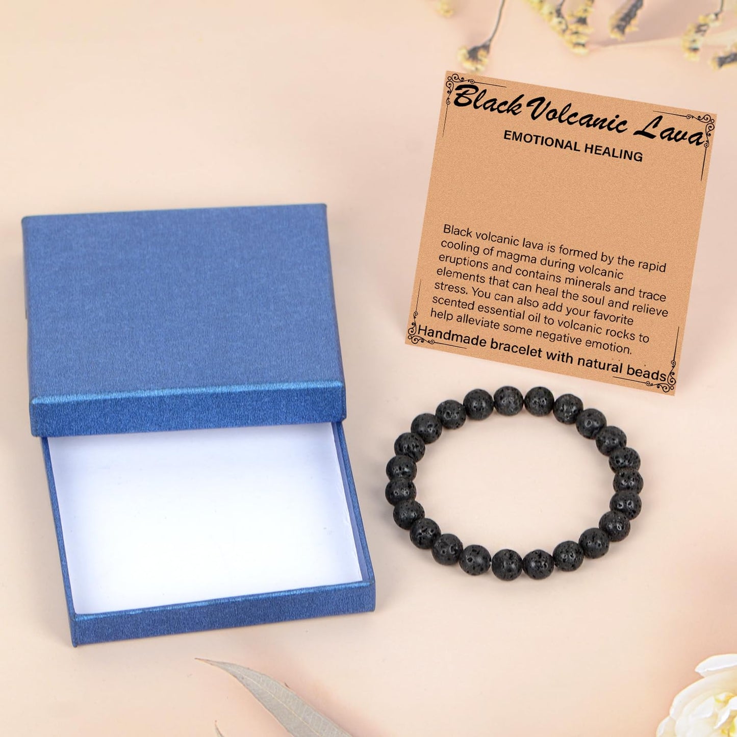 LPBeads Handmade Natural Gemstone Stretch Elastic 8mm Black Lava Bracelet Healing Crystal Round Stone Beads Jewelry Gifts for Women Men