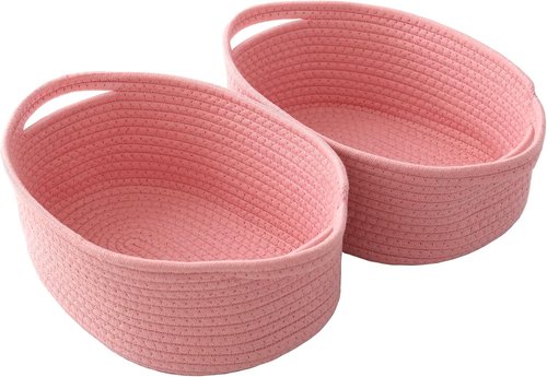 JMvicyroam Woven Basket - Small Rope Storage Bin with Handles for Organizing Shelves & Closets | Pink, 2-Pack