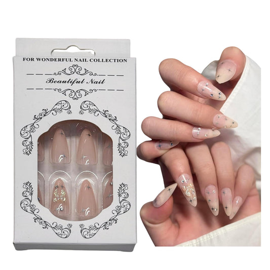 Almond Press On Nails Medium Fake Nails with Nude Gradient&Rhinestones Star Designs in 12Sizes-24PCS,French Tip Nail Set for Women&Girls, Nail Washable,Easy Application for Parties,Daily Wear