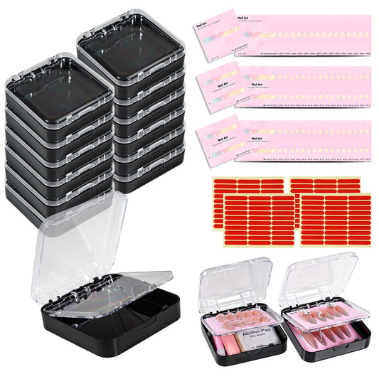 12pcs Press On Nail Packaging Box with 40pcs Nail Display Cards and 120pcs Adhesive Double Sided Tape,Nail Box Organizer Case Acrylic for Nail Salon Small Business(Black, 12pcs)